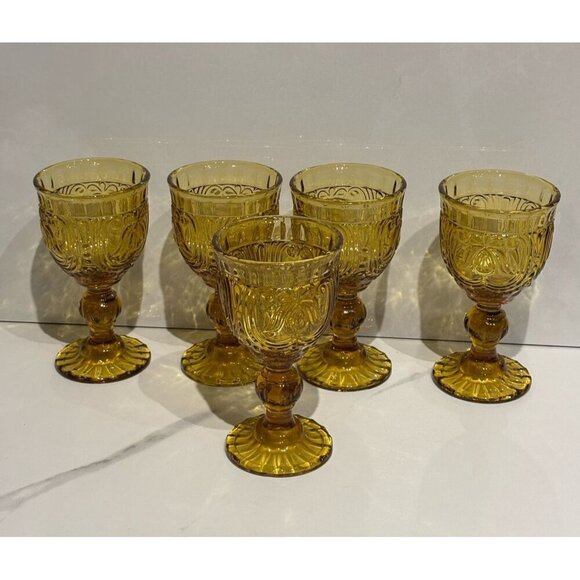 Set of 5 Vintage 1940s Amber Glass Embossed Goblets Italian Traditional Style - Picture 1 of 10